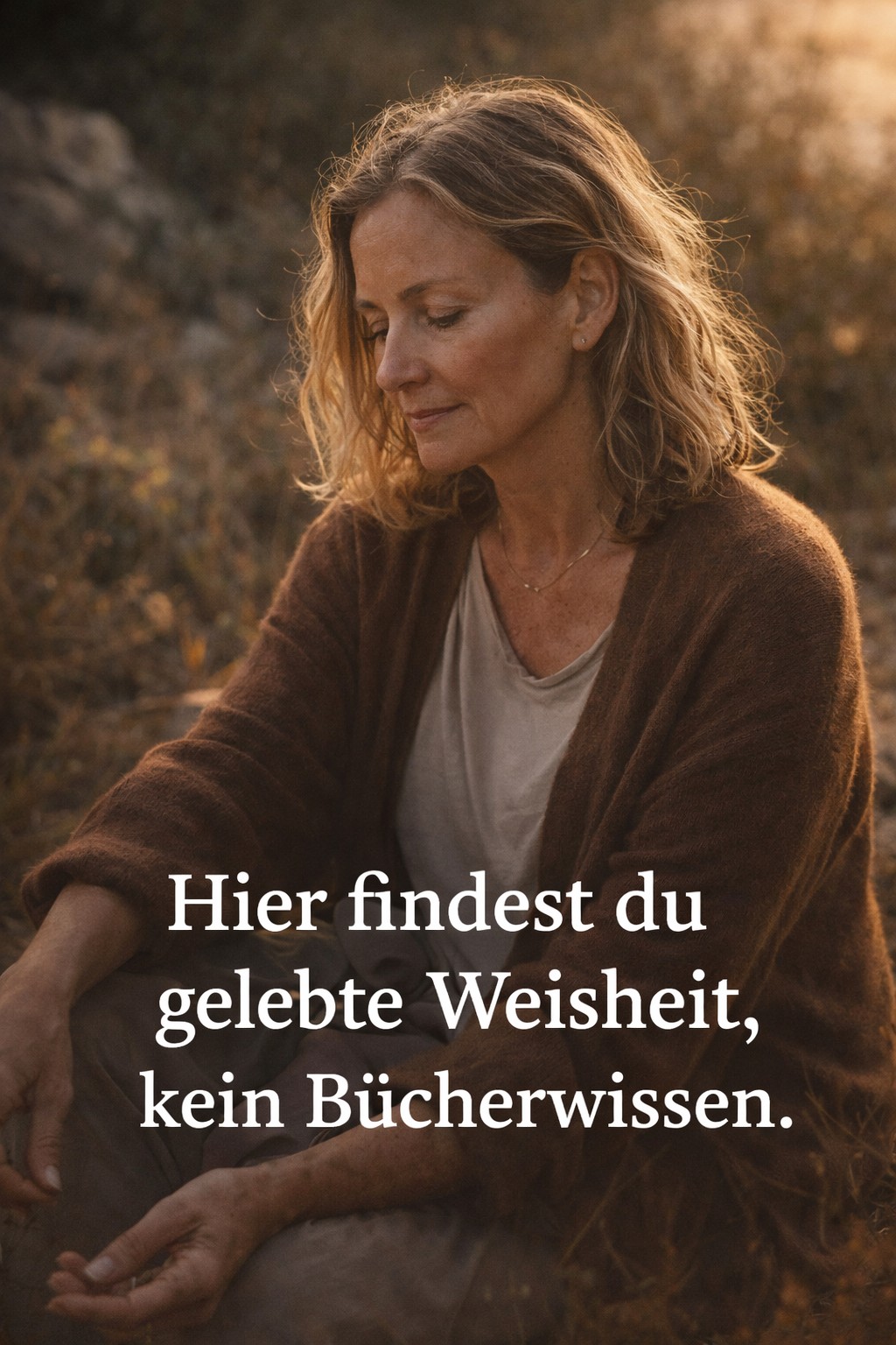 Hier findest du gelebte Weisheit, kein Bücherwissen. Nachdenkliche Frau in der Natur als Symbol für Lebenserfahrung und innere Ruhe.